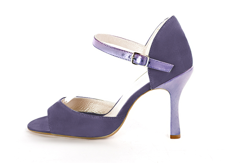 Lavender purple women's closed back sandals, with an instep strap. Round toe. Very high spool heels. Profile view - Florence KOOIJMAN